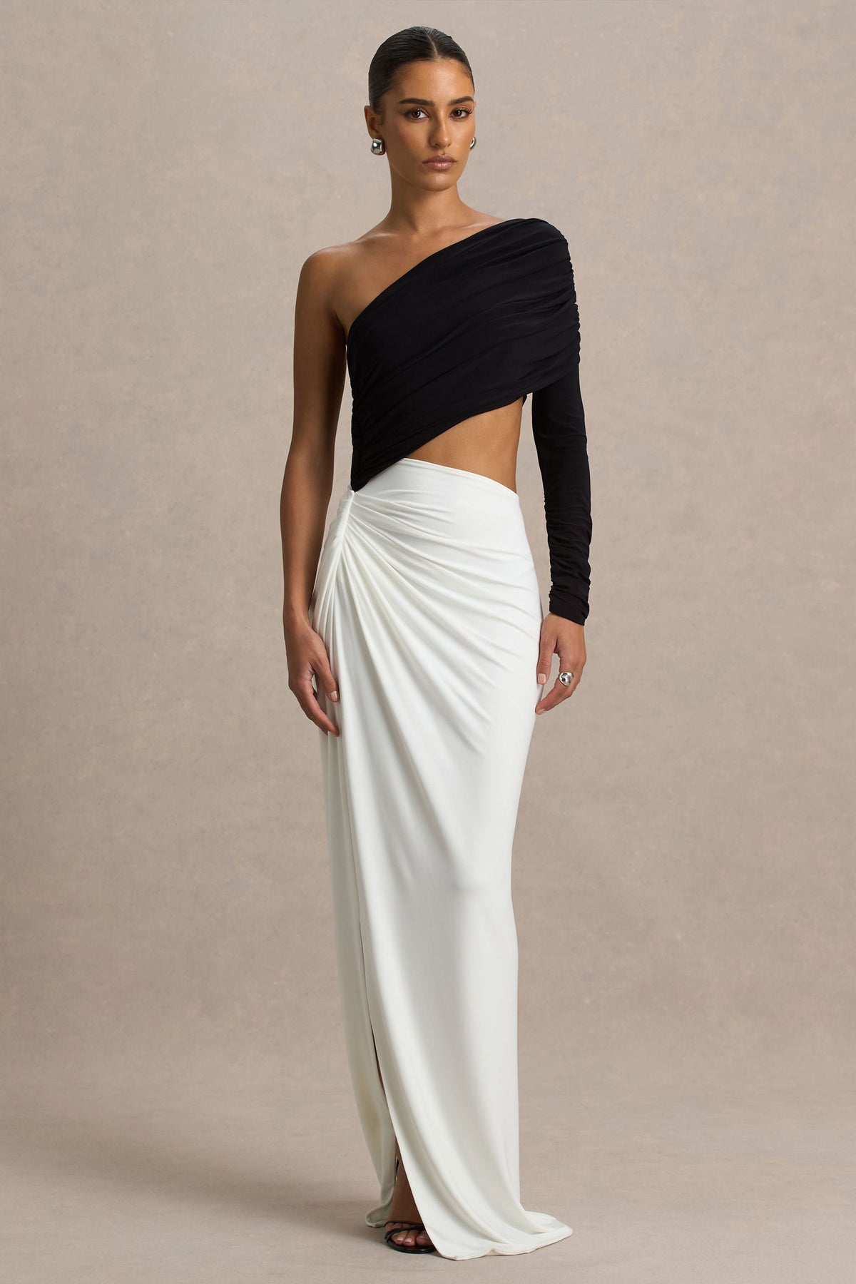 Malika | Black And White Asymmetric-Neck Maxi Dress With Body-Cut Out And Gathered Detailing - UK 12 Black And White Malika | Black And White Asymmetric-Neck Maxi Dress With Body-Cut Out And Gathered Detailing - UK 12 Black And White