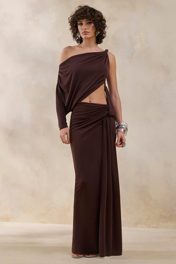 Layla Brown Asymmetric-Neck Wrap Maxi Dress With Body Cut-Out And Ru Club L London - USA Layla Brown Asymmetric-Neck Wrap Maxi Dress With Body Cut-Out And Ru Club L London - USA