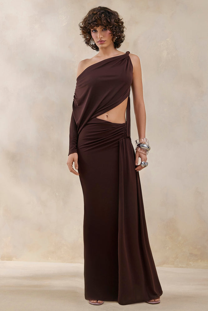 Layla Brown Asymmetric-Neck Wrap Maxi Dress With Body Cut-Out And Ru Club L London - USA Layla Brown Asymmetric-Neck Wrap Maxi Dress With Body Cut-Out And Ru Club L London - USA