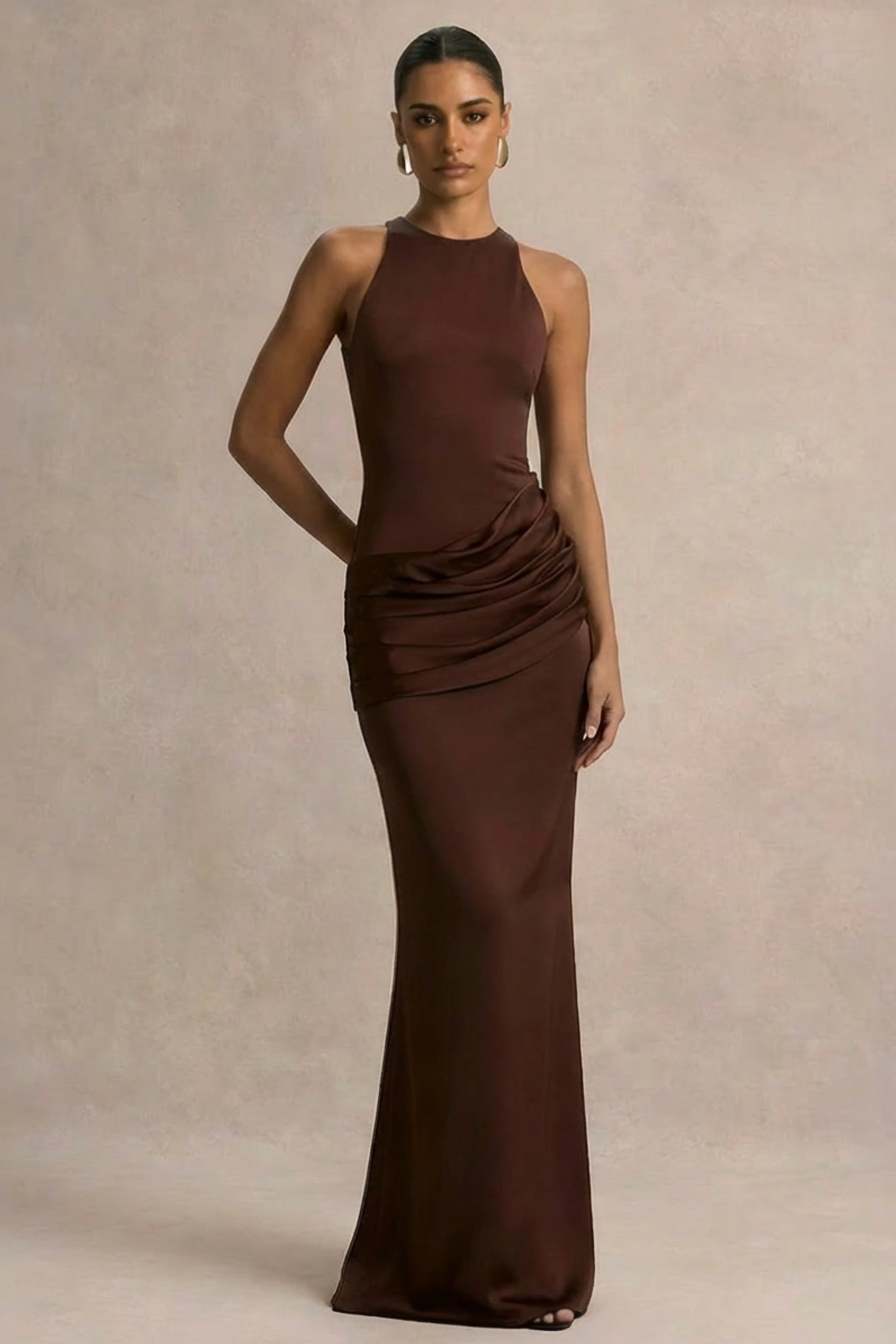 Akari | Brown Crew-Neck Maxi Dress With Satin Skirt – Club L