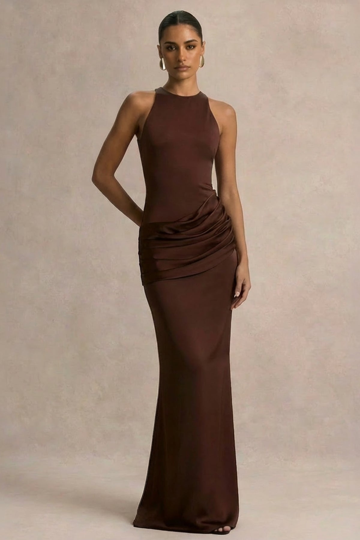 Akari | Brown Crew-Neck Maxi Dress With Satin Skirt - UK 16 Brown Akari | Brown Crew-Neck Maxi Dress With Satin Skirt - UK 16 Brown