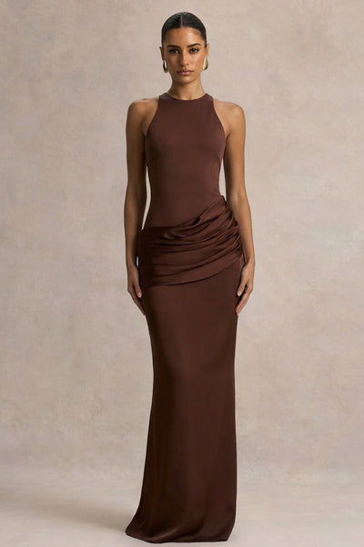 Akari | Brown Crew-Neck Maxi Dress With Satin Skirt – Club L