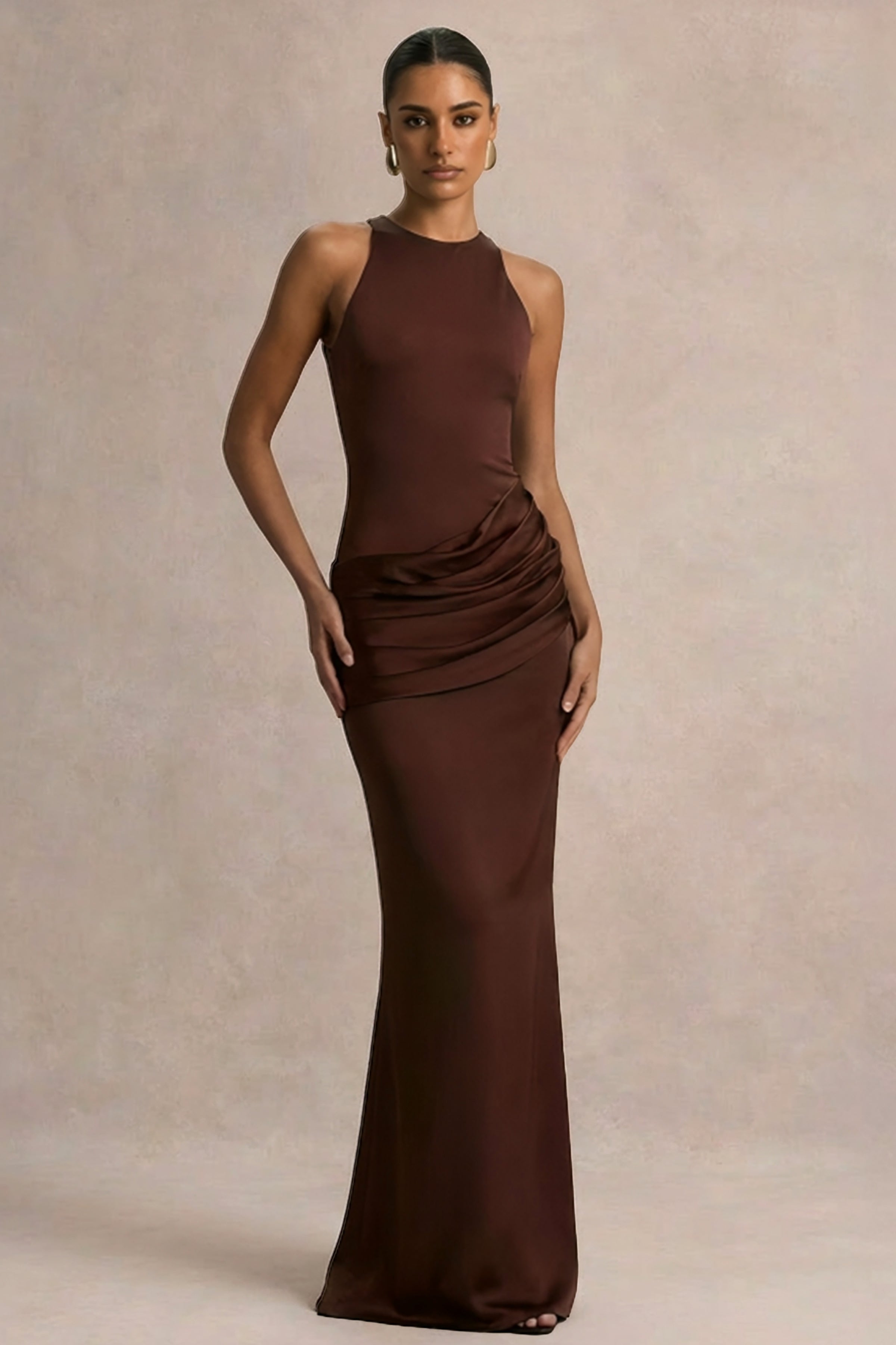 Akari | Brown Crew-Neck Maxi Dress With Satin Skirt – Club L