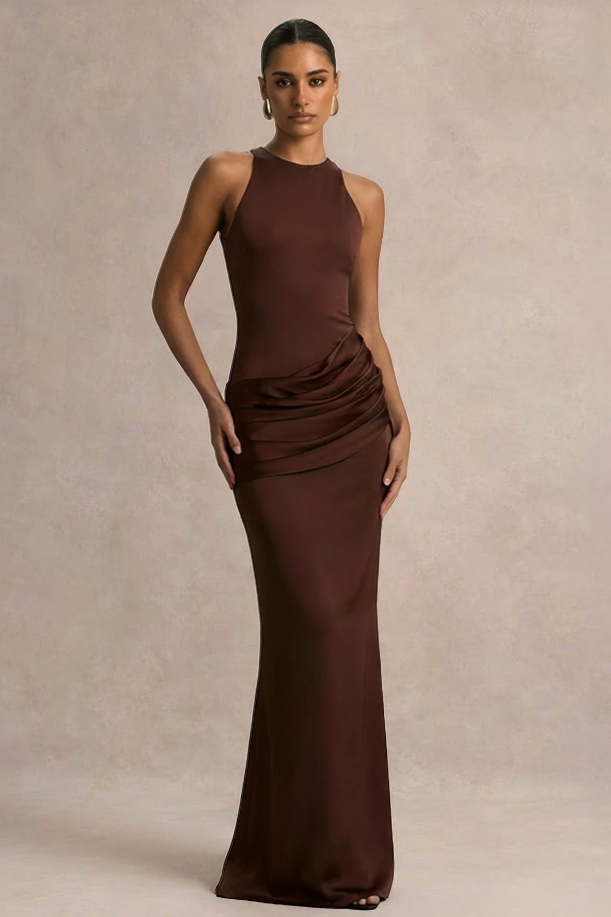 Akari | Brown Crew-Neck Maxi Dress With Satin Skirt - UK 16 Brown Akari | Brown Crew-Neck Maxi Dress With Satin Skirt - UK 16 Brown