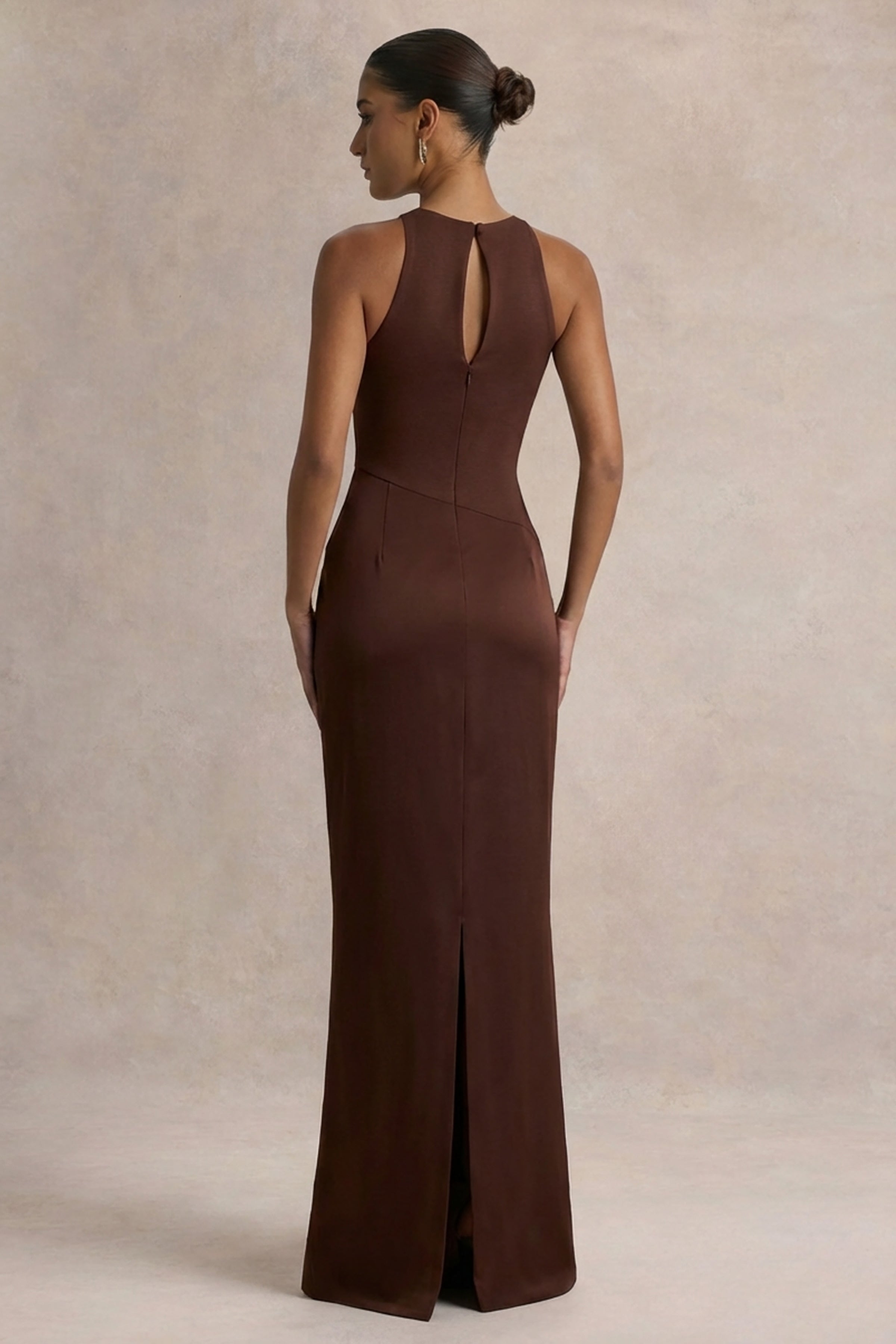 Akari | Brown Crew-Neck Maxi Dress With Satin Skirt – Club L