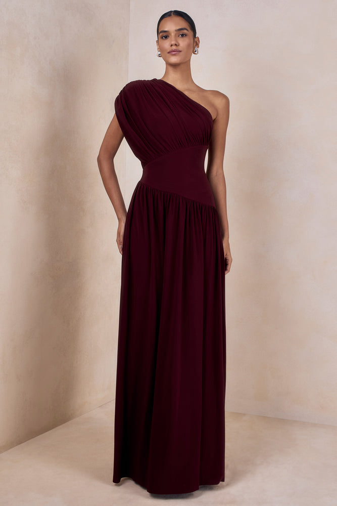 Kelsey | Burgundy Asymmetric-Neck Maxi Dress With Ruched Detailing - UK 12 Burgundy Kelsey | Burgundy Asymmetric-Neck Maxi Dress With Ruched Detailing - UK 12 Burgundy