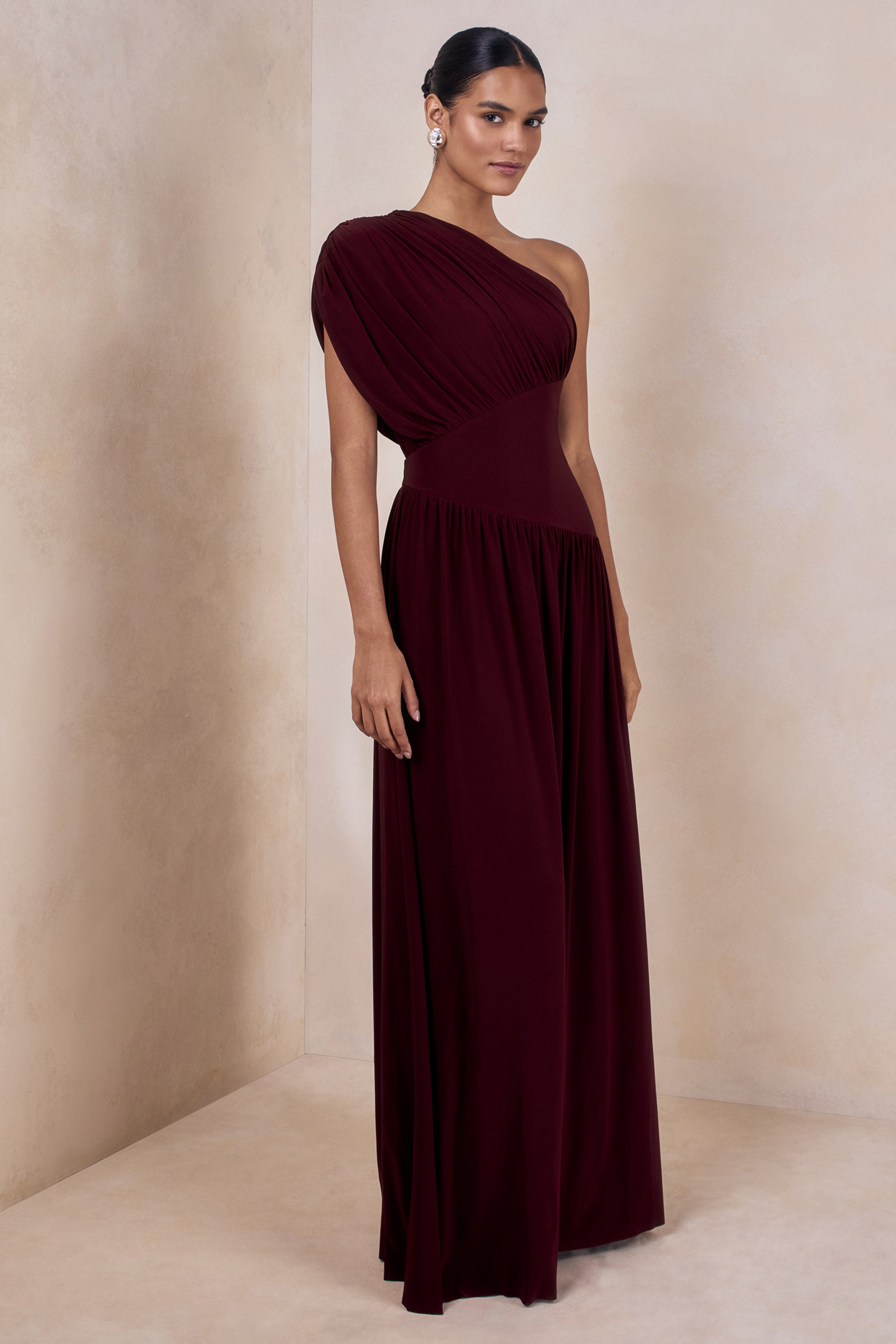 ruched burgundy dress Crisanto Tie Up Ruched Maxi Dress | Burgundy | Womens
