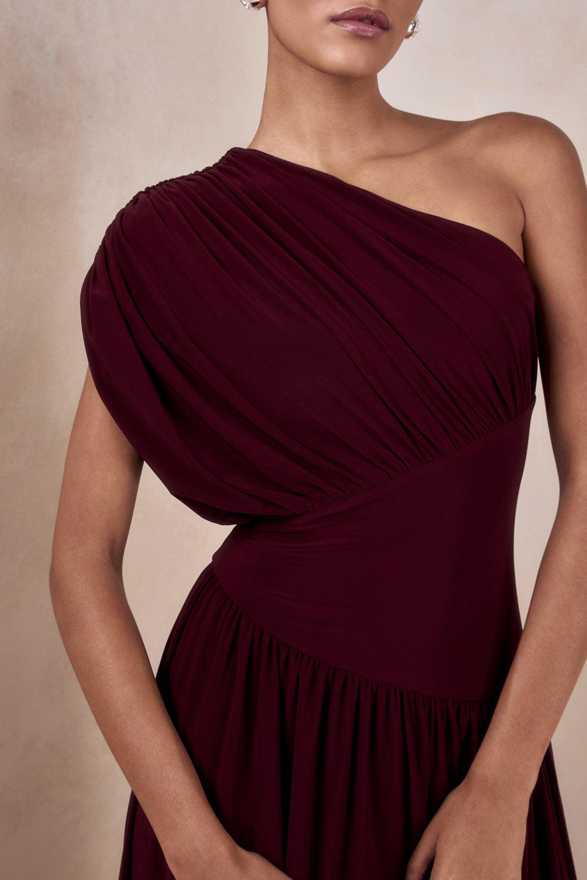 Kelsey | Burgundy Asymmetric-Neck Maxi Dress With Ruched Detailing - UK 12 Burgundy Kelsey | Burgundy Asymmetric-Neck Maxi Dress With Ruched Detailing - UK 12 Burgundy