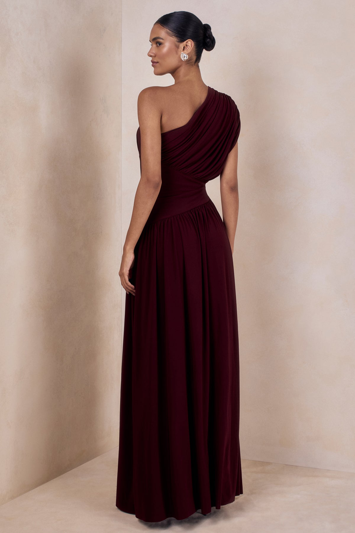 Kelsey | Burgundy Asymmetric-Neck Maxi Dress With Ruched Detailing - UK 10 Burgundy Kelsey | Burgundy Asymmetric-Neck Maxi Dress With Ruched Detailing - UK 10 Burgundy
