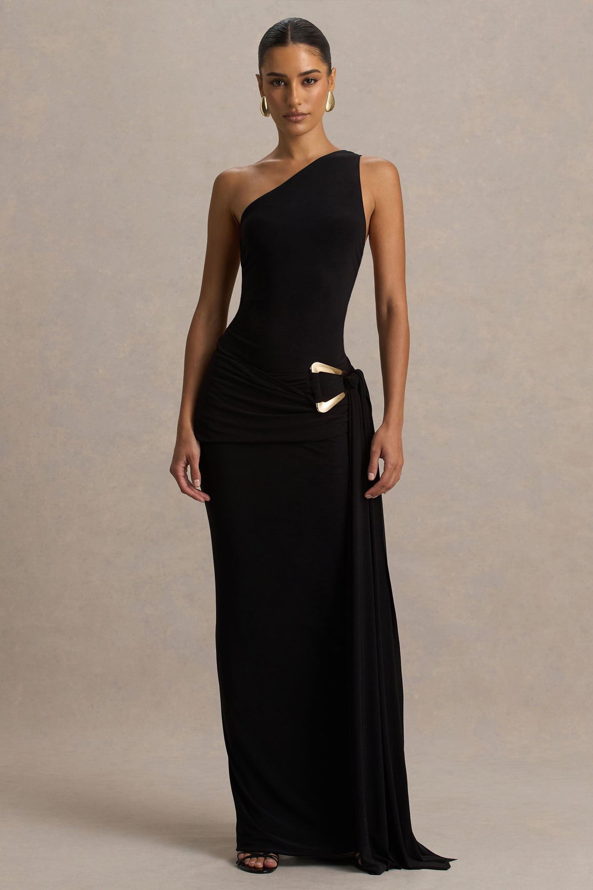 noir symphony maxi dress Bonnie Black Asymmetric-Neck Maxi Dress With Open-Back – Club L London