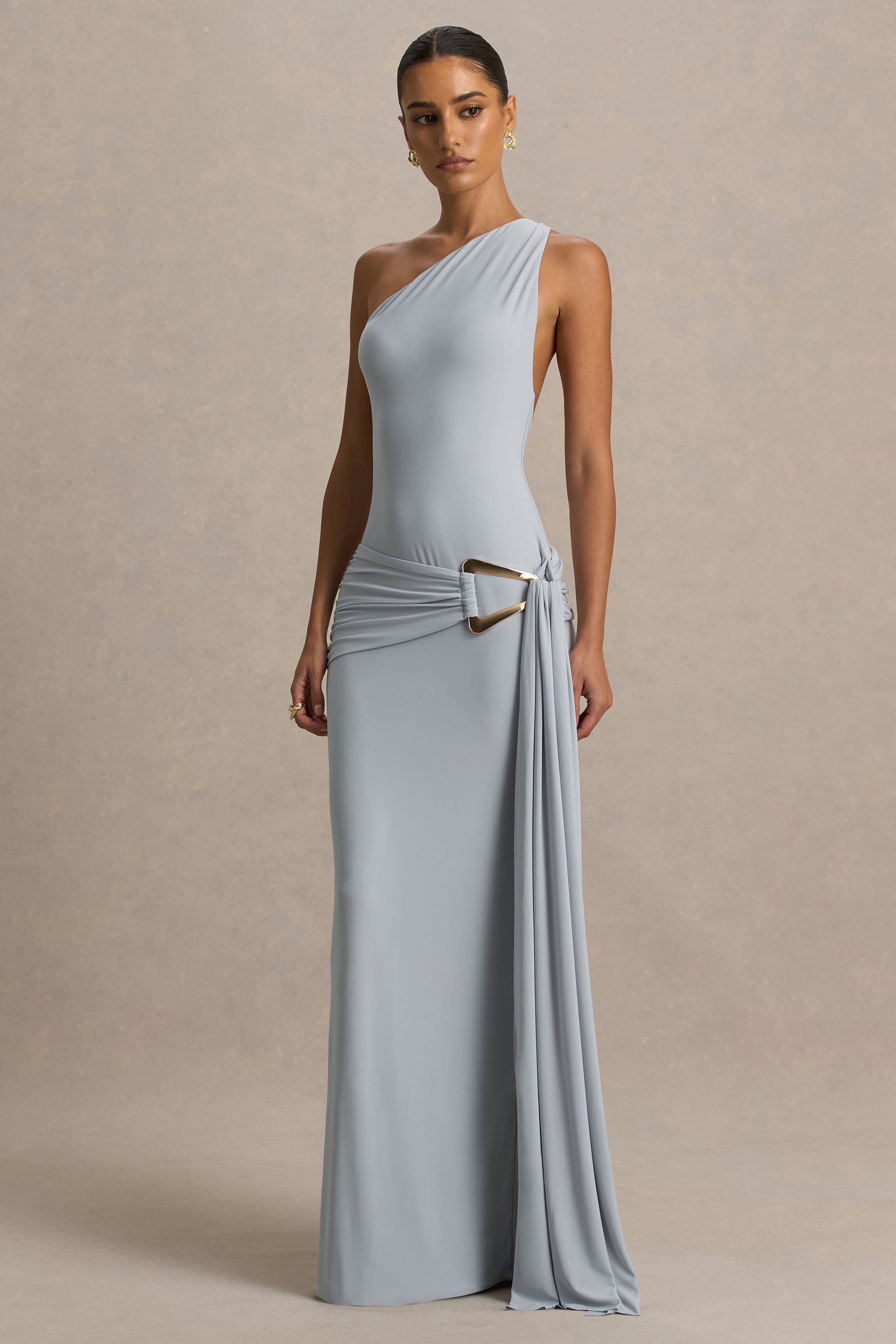 Bonnie | Blue Asymmetric-Neck Maxi Dress With Open-Back – Club L