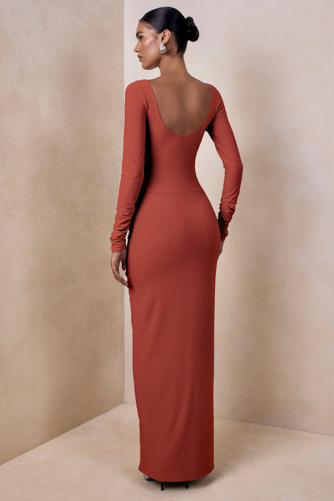 matilda jane go west maxi dress Matilda | RUST Boat-Neck Maxi Dress With Ruched Detailing