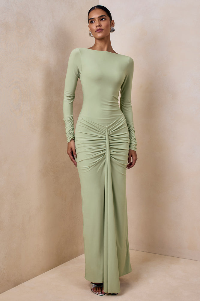 Matilda | Light Green Boat-Neck Maxi Dress With Ruched Detailing - UK 6 MINT