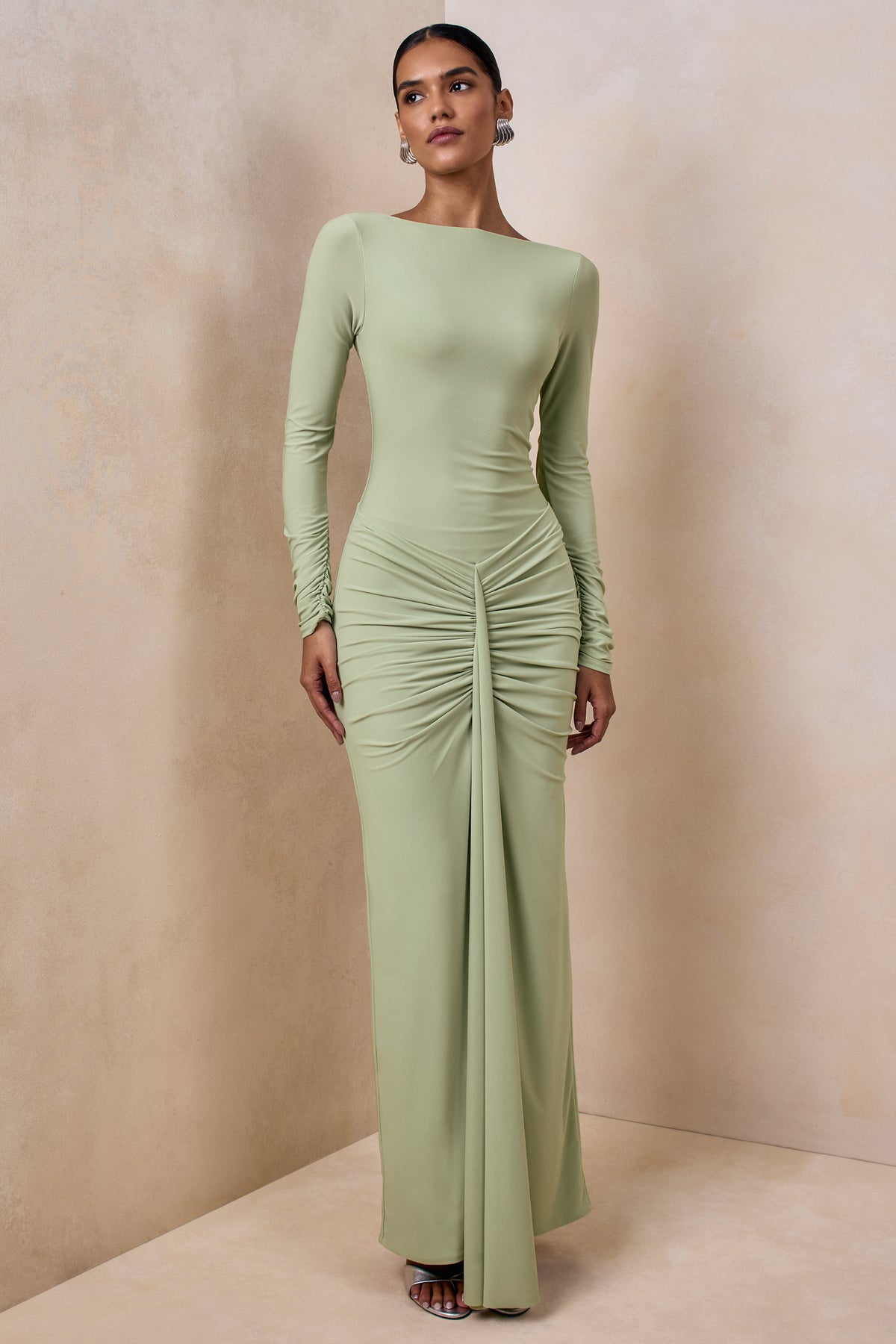 Matilda | Light Green Boat-Neck Maxi Dress With Ruched Detailing - UK 6 MINT Matilda | Light Green Boat-Neck Maxi Dress With Ruched Detailing - UK 6 MINT