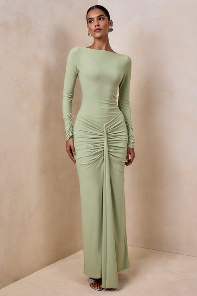 green boat neck dress Matilda | Light Green Boat-Neck Maxi Dress With Ruched Detailing