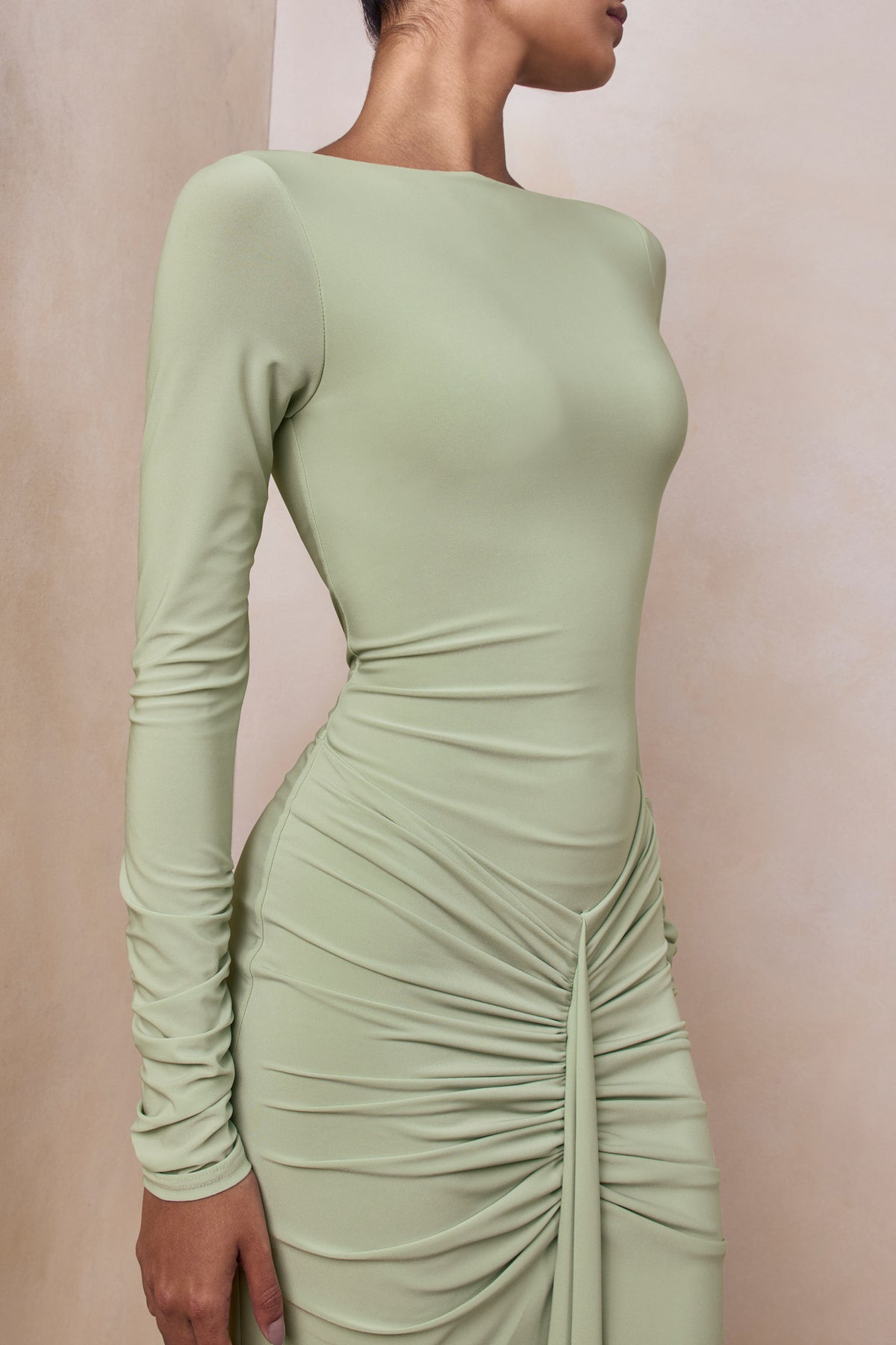Matilda Light Green Boat-Neck Maxi Dress With Ruched Detailing Club L London - USA Matilda Light Green Boat-Neck Maxi Dress With Ruched Detailing Club L London - USA