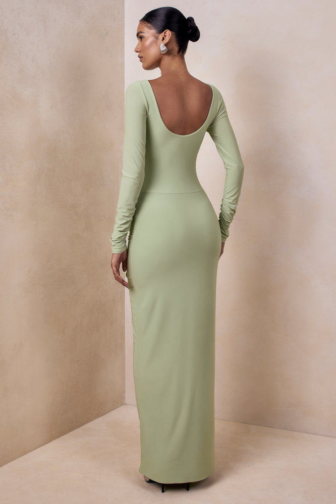Matilda | Light Green Boat-Neck Maxi Dress With Ruched Detailing - UK 6 MINT Matilda | Light Green Boat-Neck Maxi Dress With Ruched Detailing - UK 6 MINT