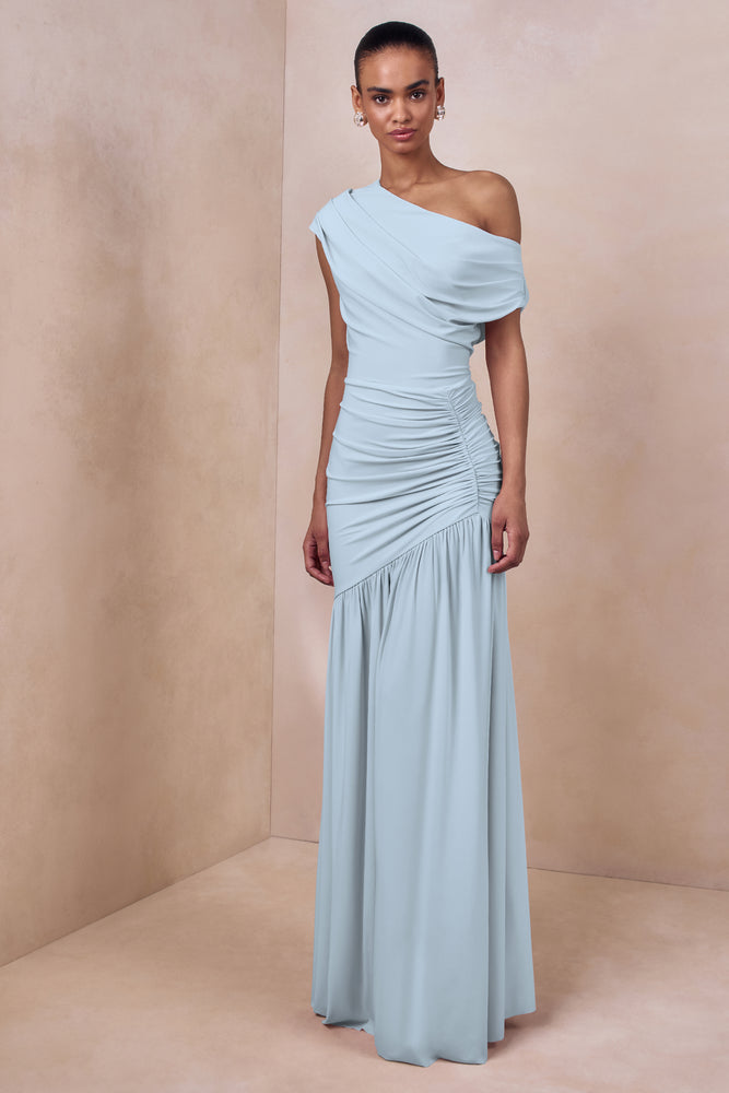 Kady Powder Blue Asymmetric-Neck Maxi Dress With Ruched Detailing – Club L  London
