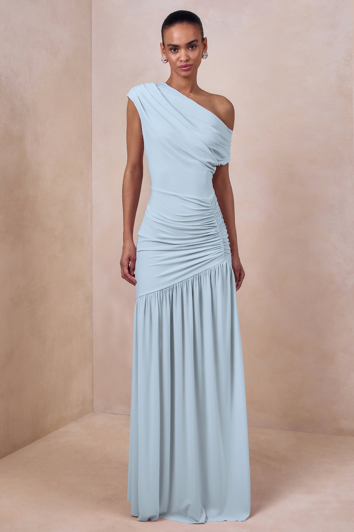 Kady Powder Blue Asymmetric-Neck Maxi Dress With Ruched Detailing Club L London - USA Kady Powder Blue Asymmetric-Neck Maxi Dress With Ruched Detailing Club L London - USA