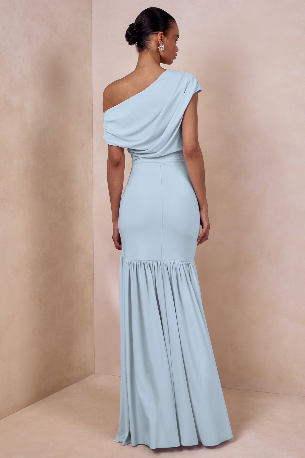 Kady Powder Blue Asymmetric-Neck Maxi Dress With Ruched Detailing Club L London - USA Kady Powder Blue Asymmetric-Neck Maxi Dress With Ruched Detailing Club L London - USA