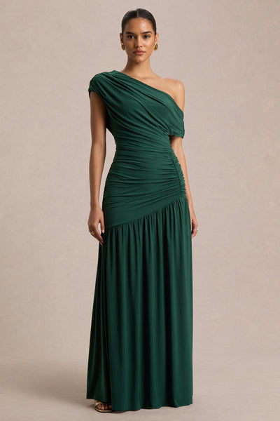club london dress Kady | DARK Green Asymmetric-Neck Maxi With Ruched Detailing Size:58 Long or 58 Regular Jacket+52/54   Adjustable Pants (Fabric: poly/rayon   blend) 00s 2000s Bodie 54