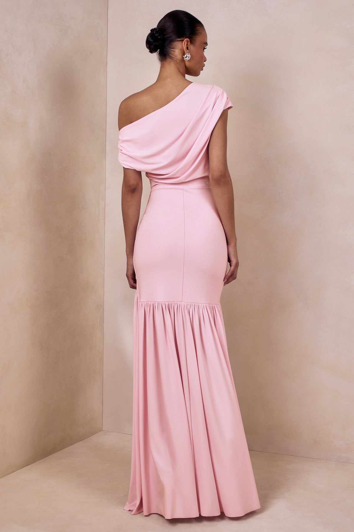 Kady | PINK Asymmetric-Neck Maxi Dress With Ruched Detailing Kady | PINK Asymmetric-Neck Maxi Dress With Ruched Detailing