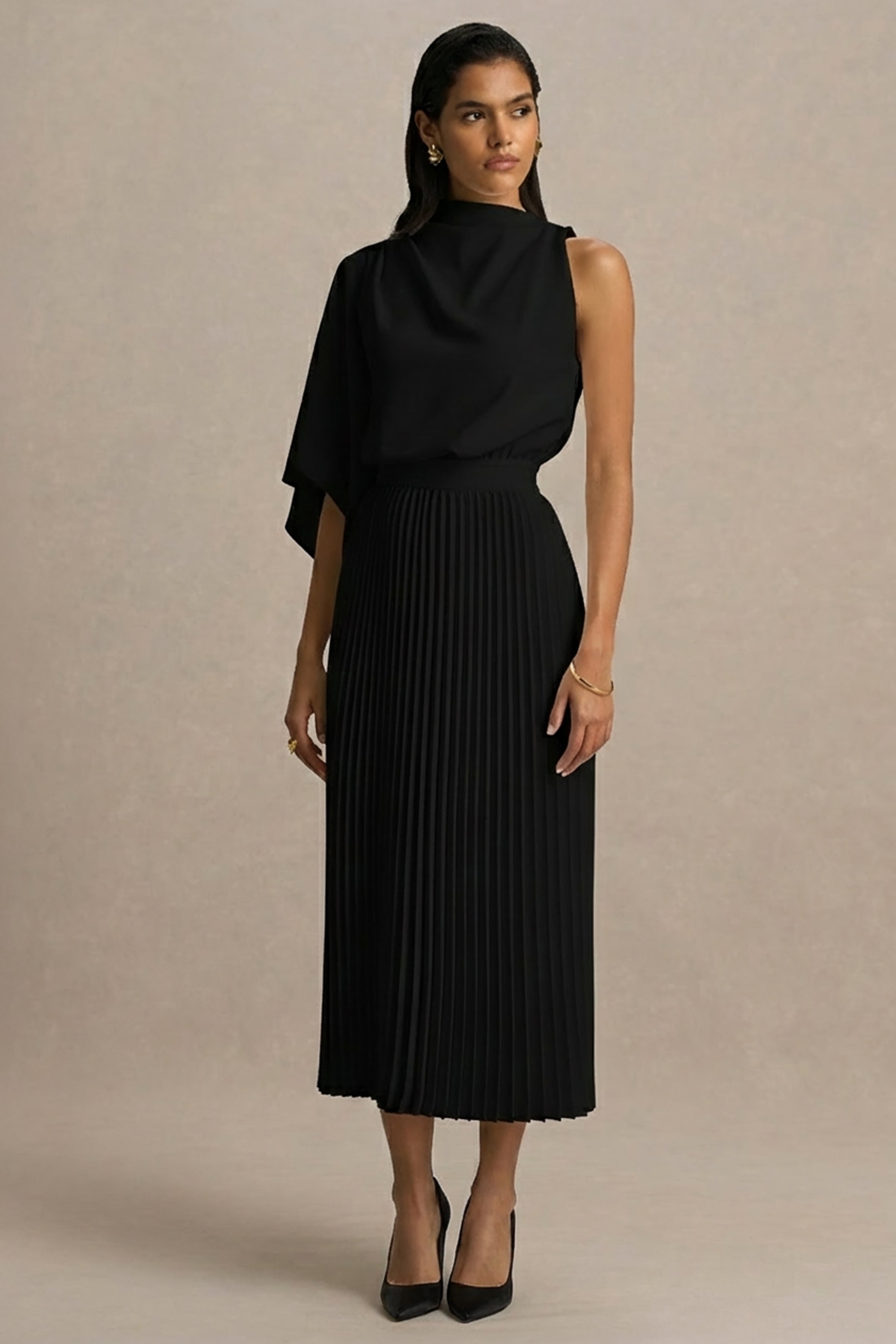 Jimena | Black High-Neck Midi Dress With One-Long Sleeve And