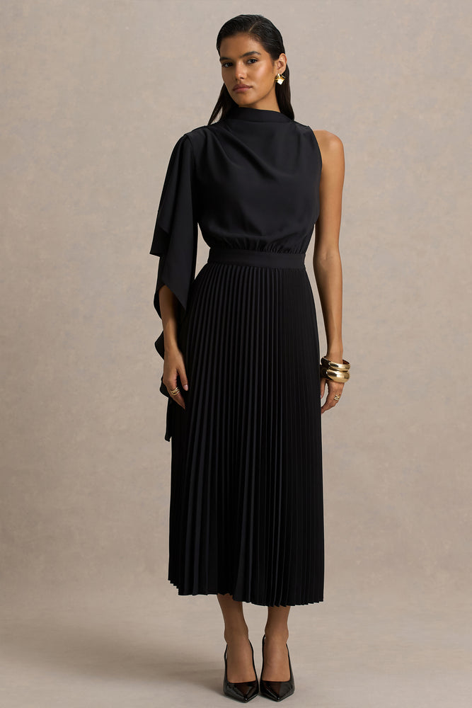 clemence high neck midi dress black Jimena | Black High-Neck Midi Dress With One-Long Sleeve And Pleated Detailing