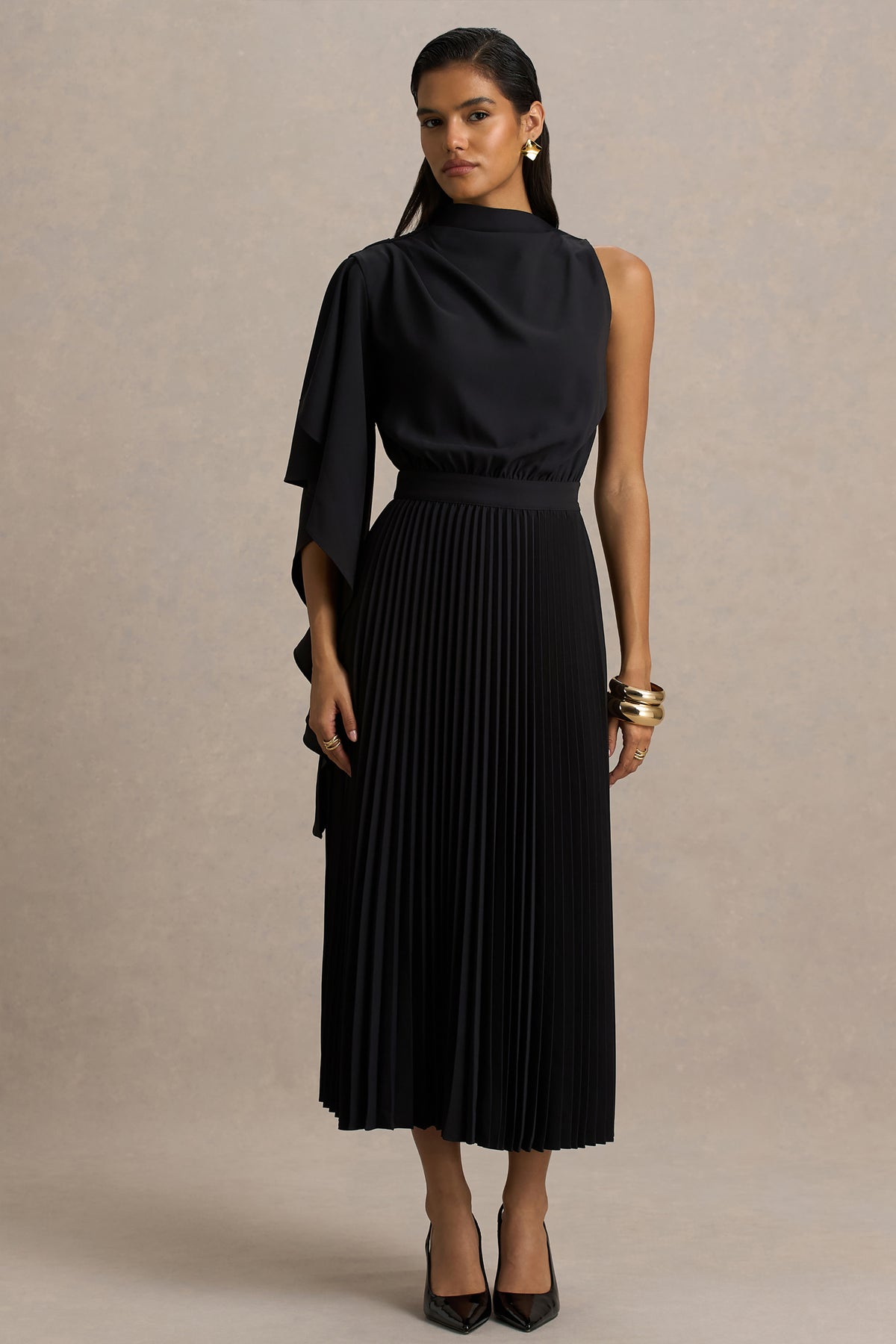 Jimena Black High-Neck Midi Dress With One-Long Sleeve And Pleated D Club L London - USA Jimena Black High-Neck Midi Dress With One-Long Sleeve And Pleated D Club L London - USA