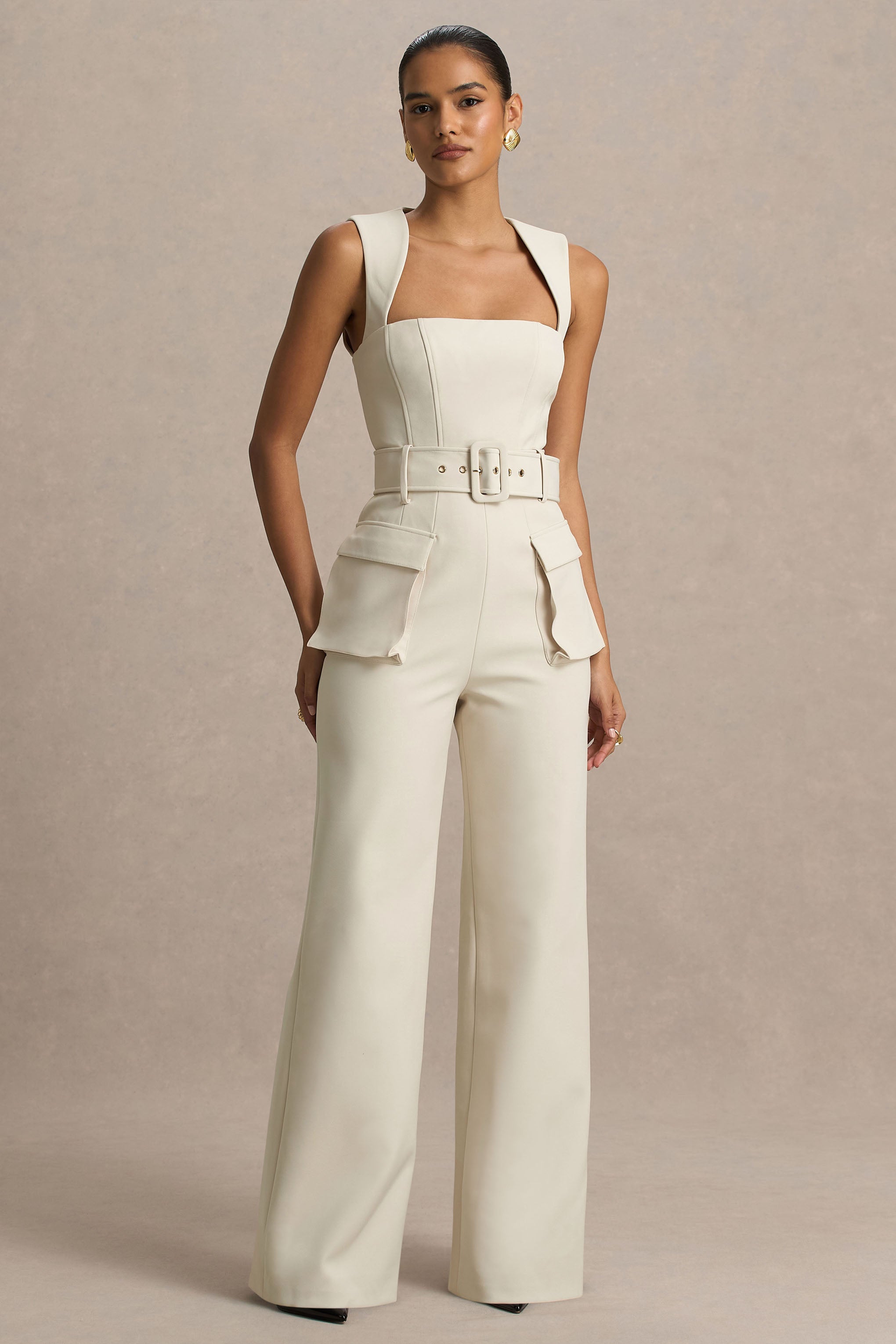 Solice | Cream Square-Neck Tailored Jumpsuit – Club L London - USA