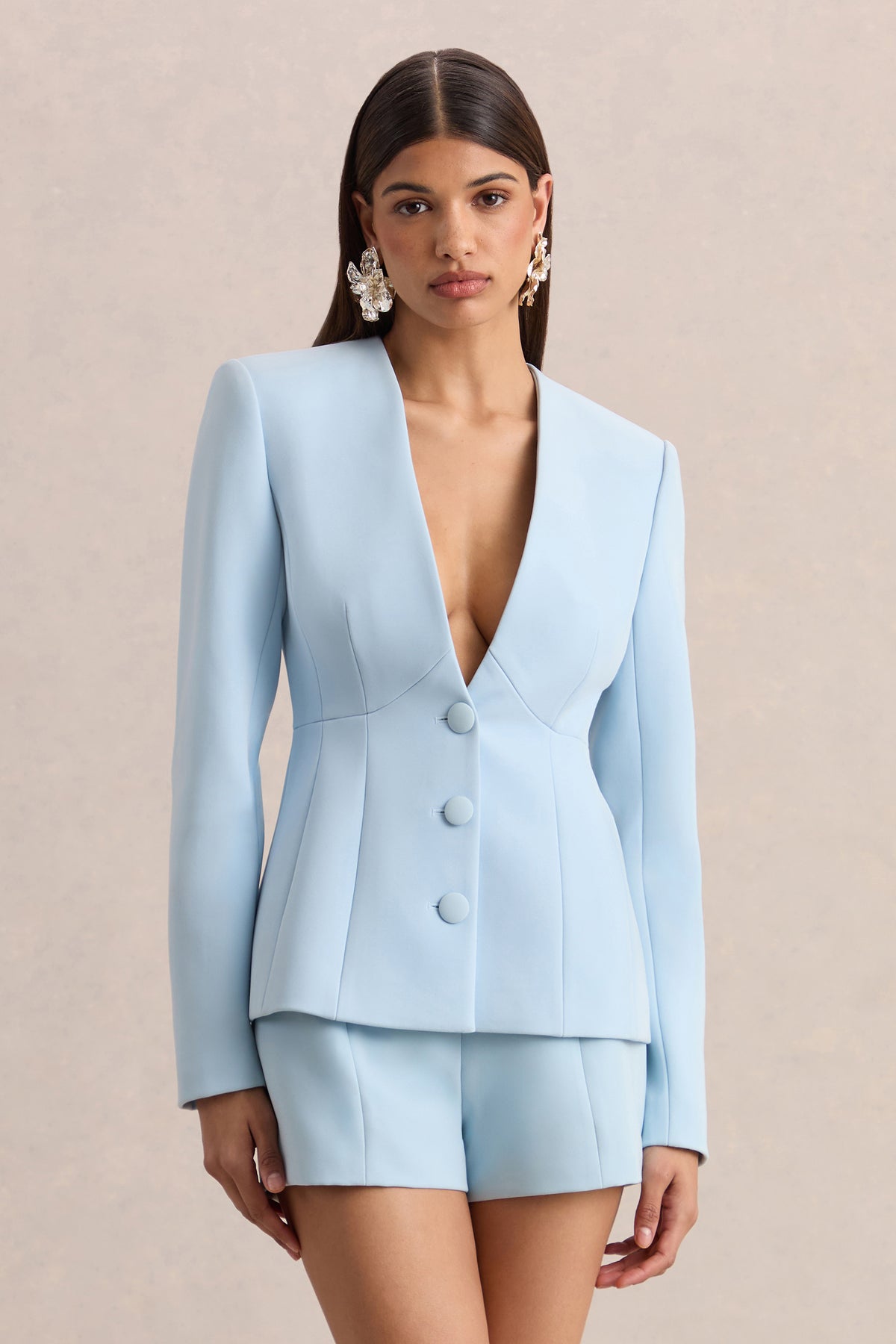 Rosalina Light Blue Extreme-Plunge Neck Tailored Blazer – Club L London Rosalina Light Blue Extreme-Plunge Neck Tailored Blazer – Club L London