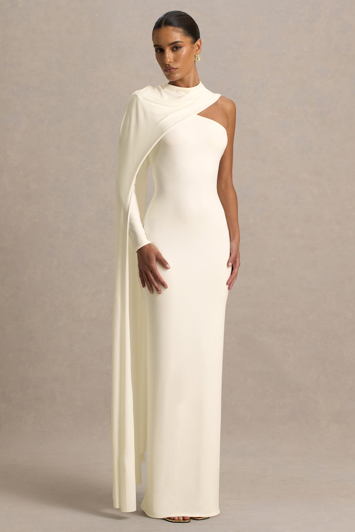Dawn | Cream High-Neck Maxi Dress With One Long Cape-Sleeve - UK 16 EGRET Dawn | Cream High-Neck Maxi Dress With One Long Cape-Sleeve - UK 16 EGRET