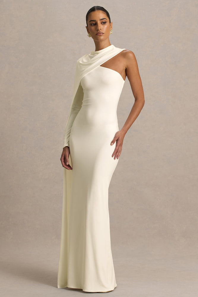 Dawn | Cream High-Neck Maxi Dress with One Long Cape-Sleeve - UK 6 Egret Dawn | Cream High-Neck Maxi Dress with One Long Cape-Sleeve - UK 6 Egret