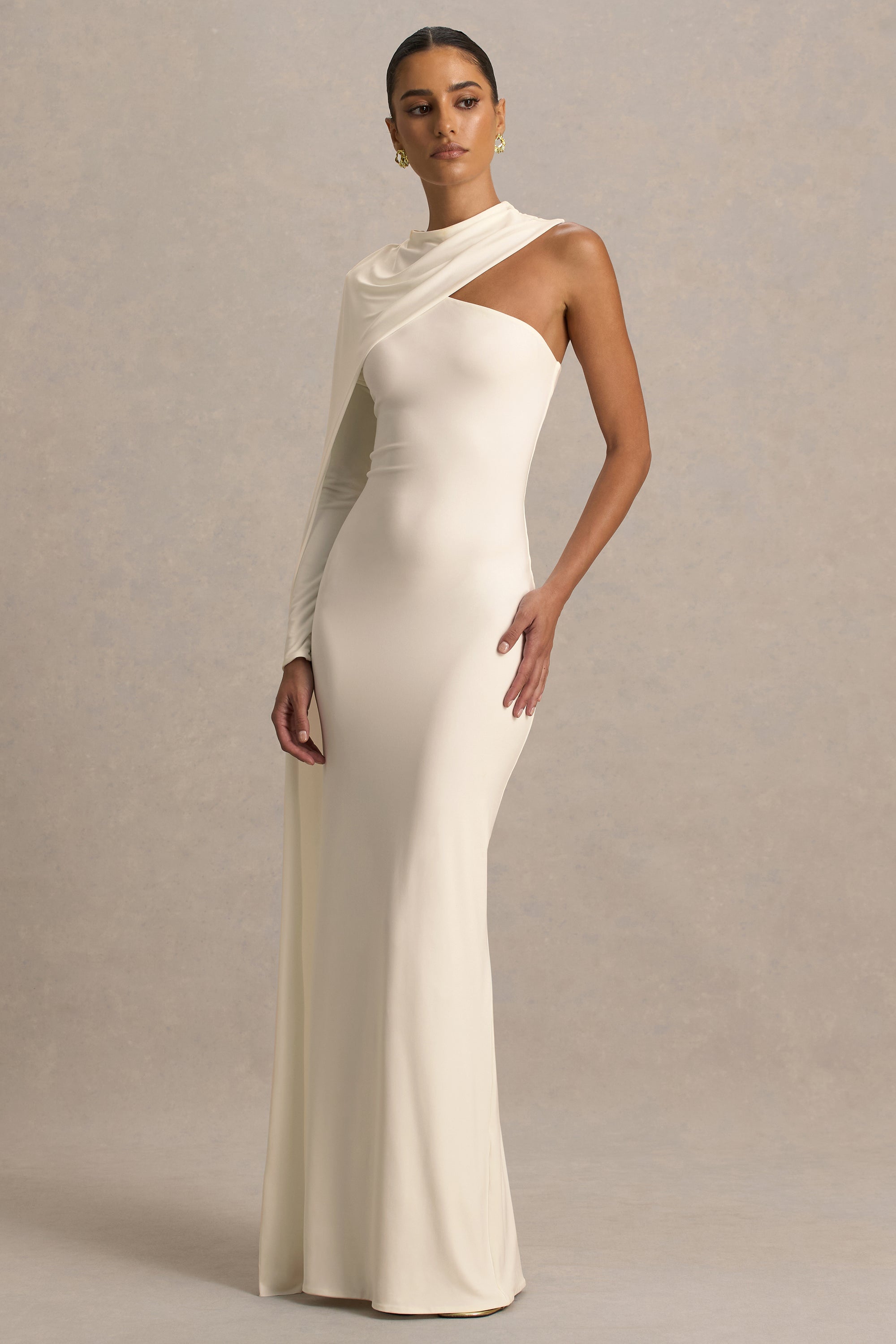 Dawn | Cream High-Neck Maxi Dress With One Long Cape-Sleeve