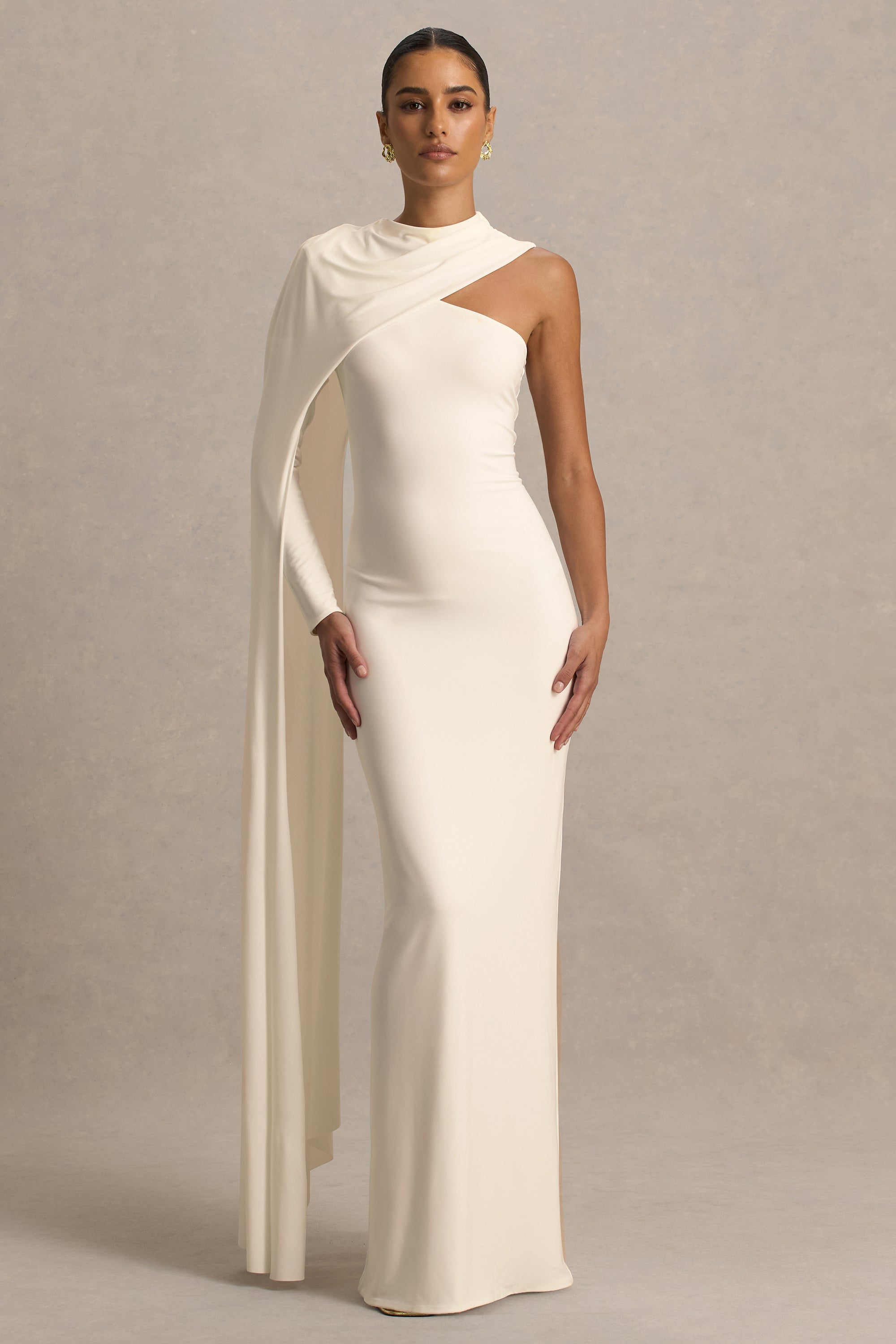 single long sleeve dress Black One Shoulder Maxi With Slit Shoulder Long Sleeve Maxi Dress Beaded-Cuff One-Sleeve Long Formal Dress