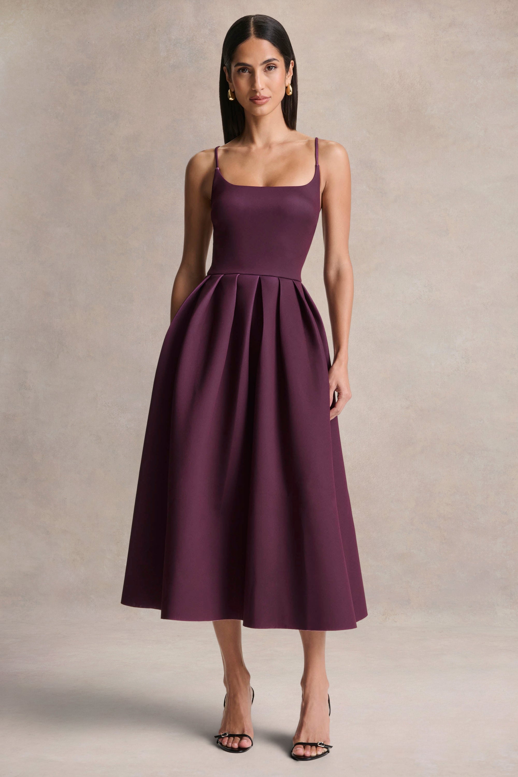 plum satin midi dress Dark Plum Satin Cowl Neck Knot Skirt Midi Dress 14