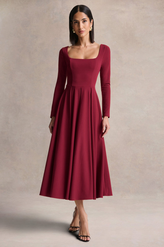 Alison Burgundy Square-Neck A-Line Midi Dress – Club L London