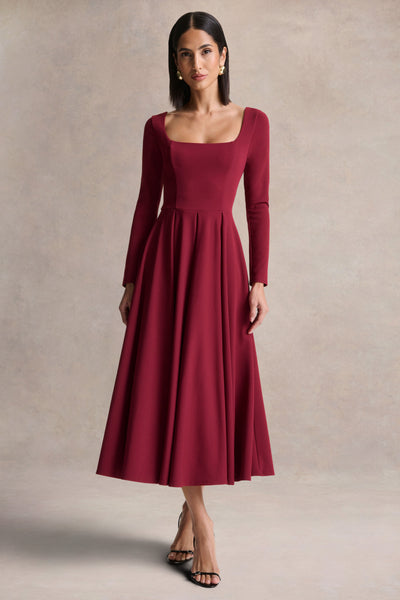 burgundy long sleeve midi dress Alison Burgundy Square-Neck A-Line Midi Dress – Club L London