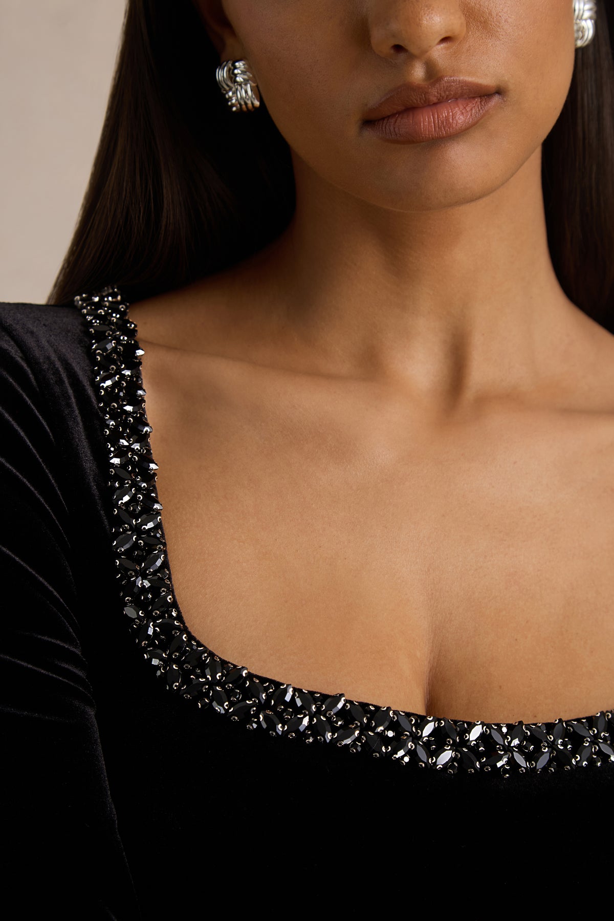 Beloved Black Velvet Embellished Square-Neck Mini Dress Club L London - USA Beloved Black Velvet Embellished Square-Neck Mini Dress Club L London - USA