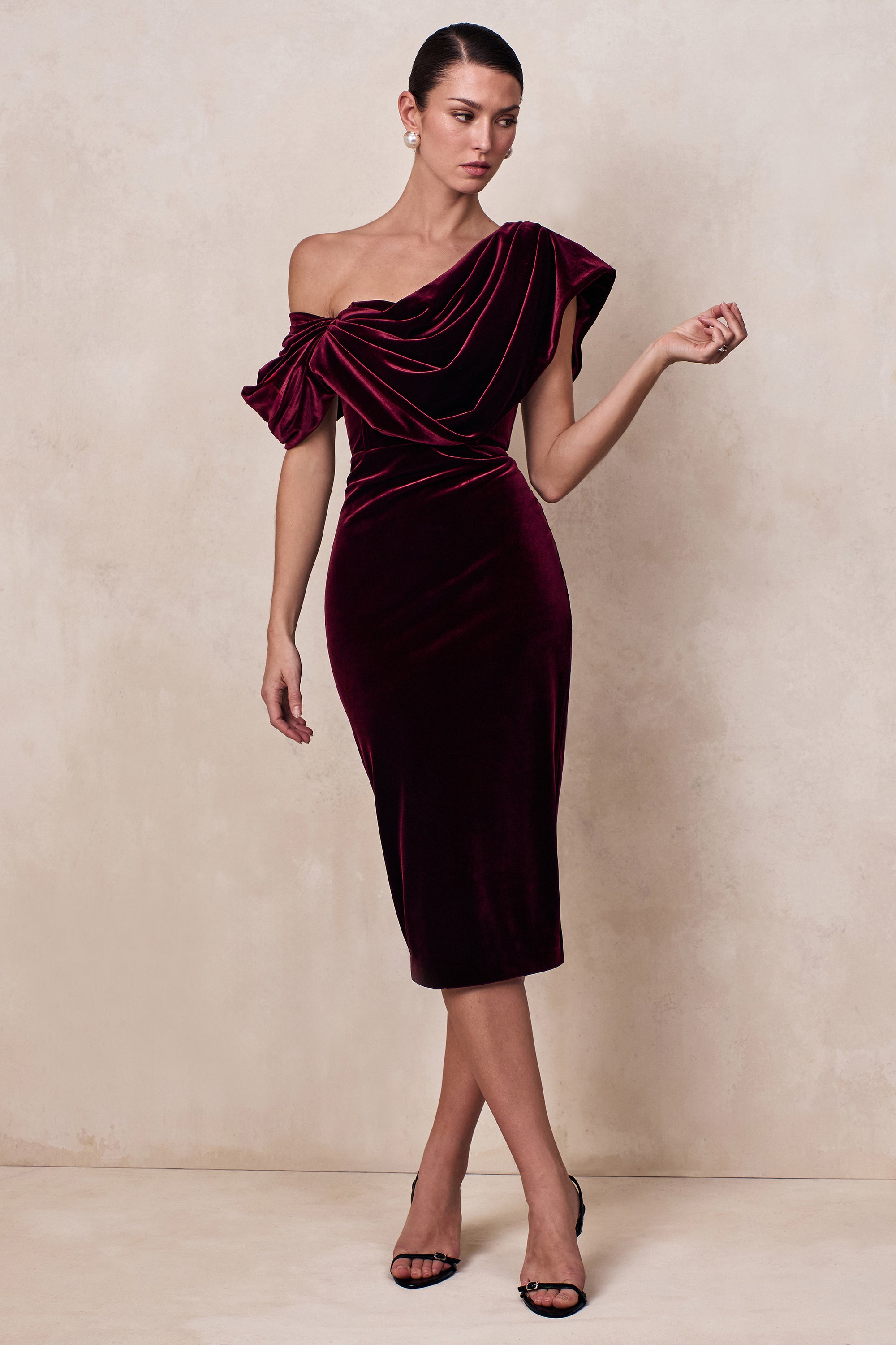 asymmetric neckline midi dress Pink Asymmetric Neckline Midi Dress with Pleats shopaleena