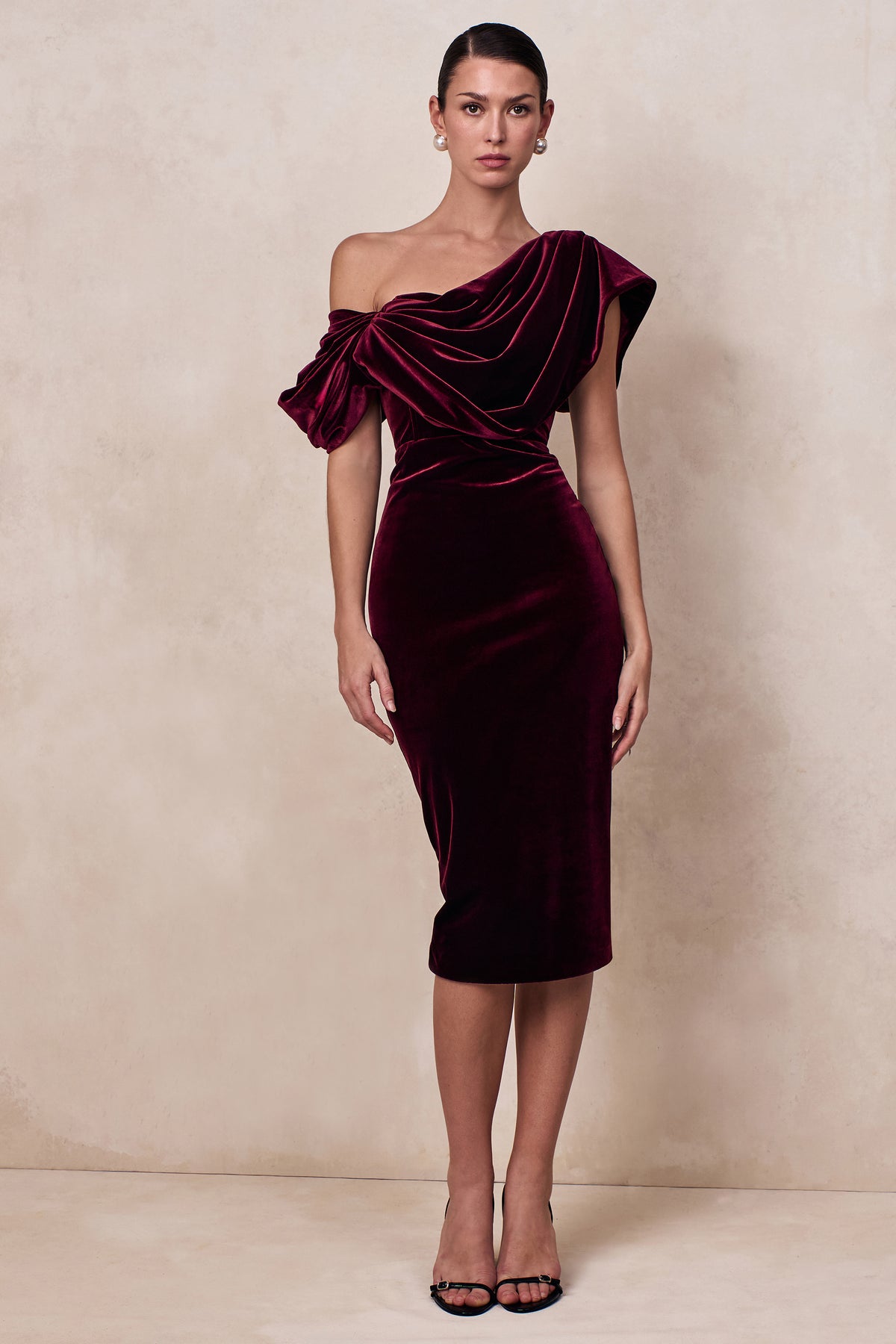 High End Burgundy Velvet Asymmetric-Neck Midi Dress With Draped Deta Club L London - USA High End Burgundy Velvet Asymmetric-Neck Midi Dress With Draped Deta Club L London - USA
