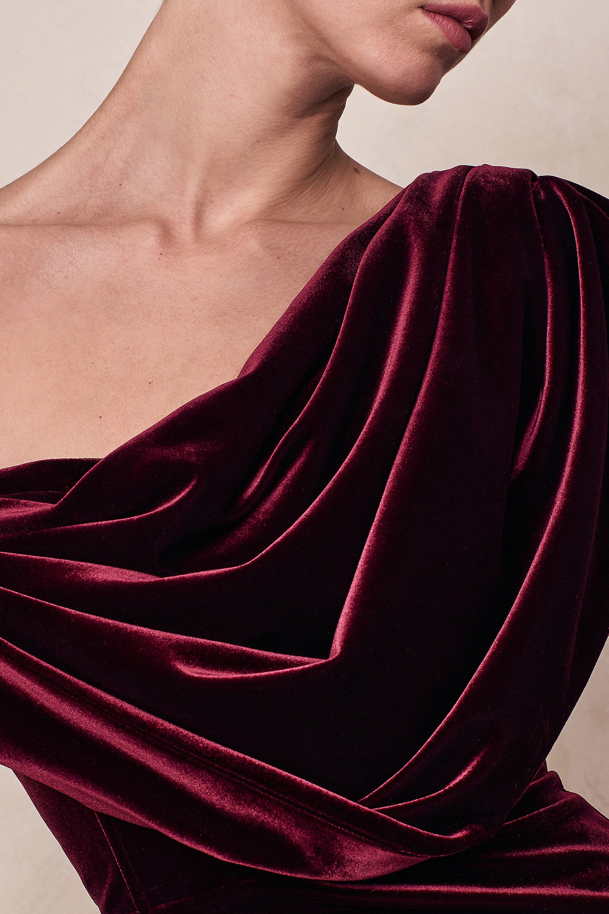 red high neck split sleeve velvet draped midi dress Red Velvet Bodycon Dress