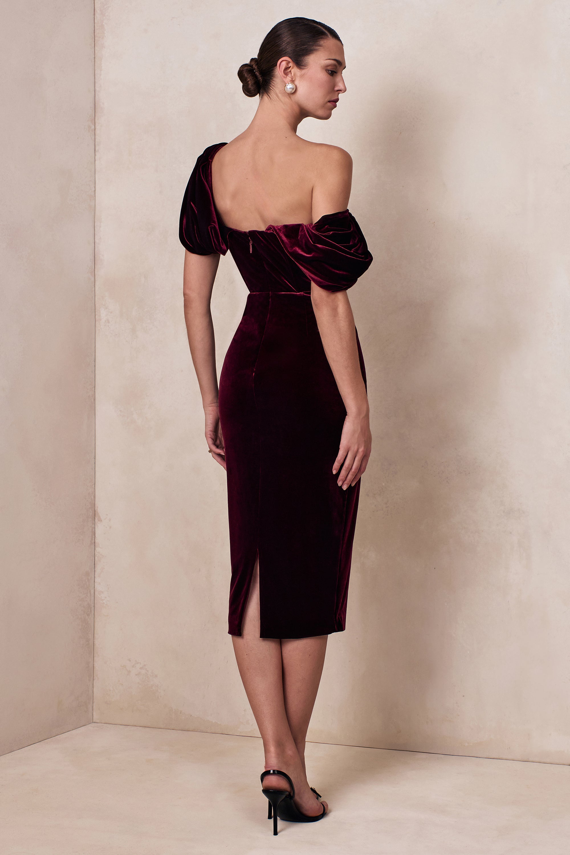 asymmetric neck puff shoulder dress High End | Burgundy Velvet Asymmetric-Neck Midi Dress With Draped Detailing