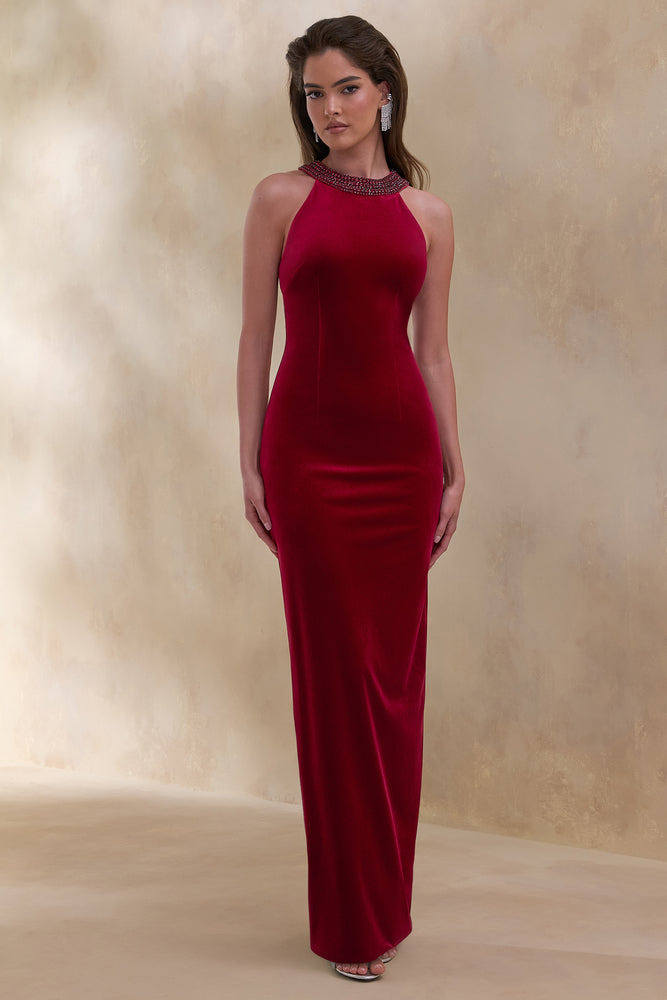 Darya Burgundy Velvet Embellished High-Neck Maxi Dress Club L London - USA Darya Burgundy Velvet Embellished High-Neck Maxi Dress Club L London - USA