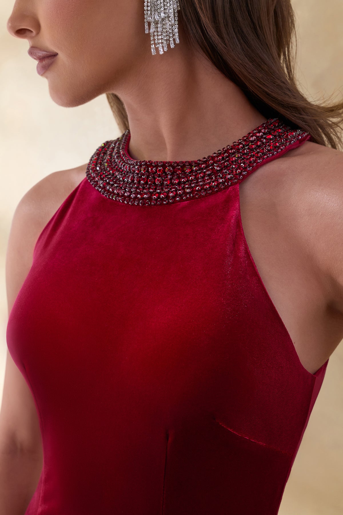 Darya | Burgundy Velvet Embellished High-Neck Maxi Dress - UK 8 BERRY