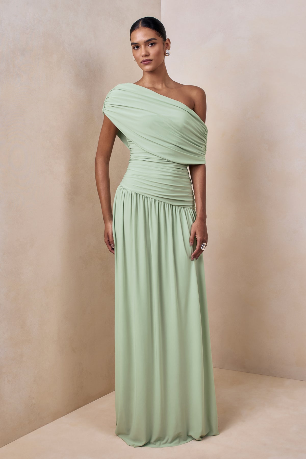 Emberly Green Draped Asymmetric-Neck Maxi Dress With Drop-Waist Club L London - USA Emberly Green Draped Asymmetric-Neck Maxi Dress With Drop-Waist Club L London - USA