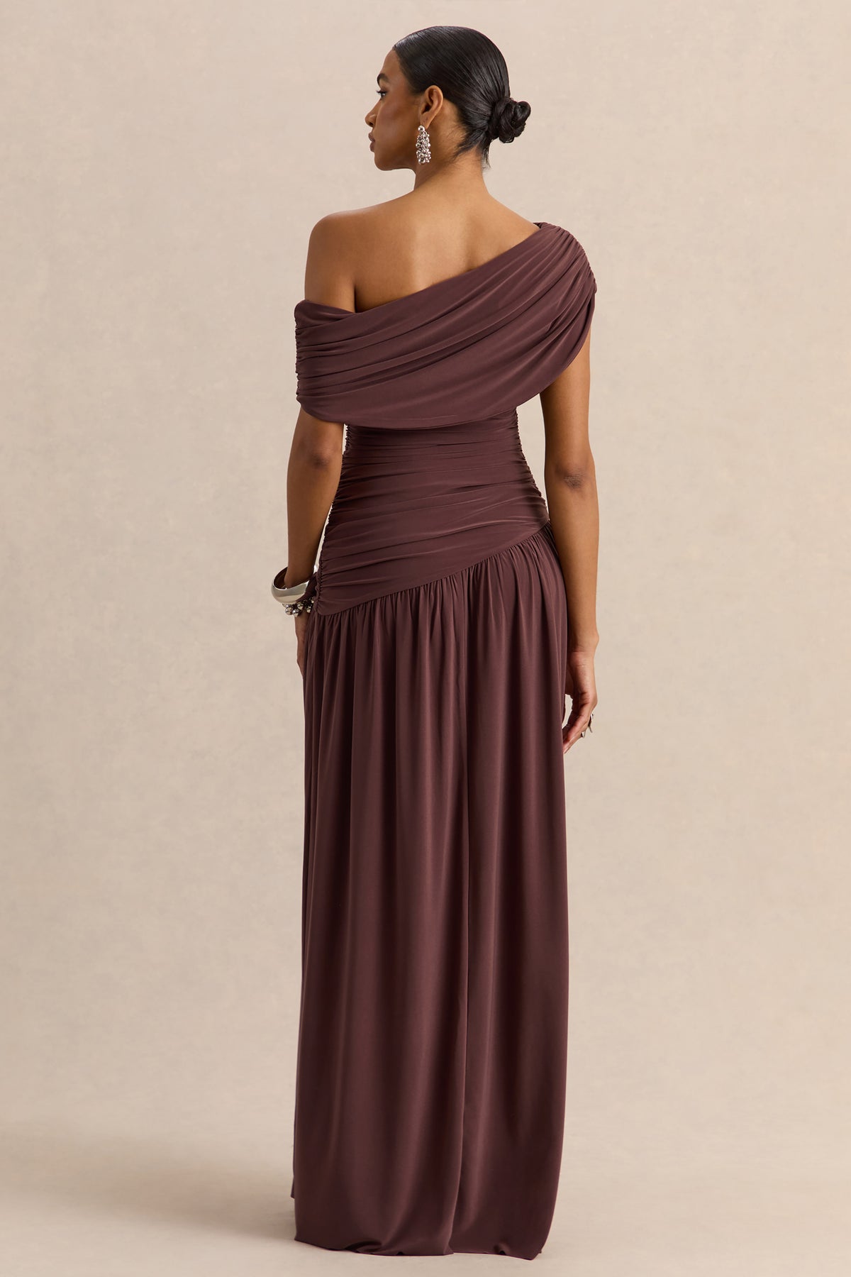 Emberly Brown Draped Asymmetric-Neck Maxi Dress With Drop-Waist Club L London - USA Emberly Brown Draped Asymmetric-Neck Maxi Dress With Drop-Waist Club L London - USA