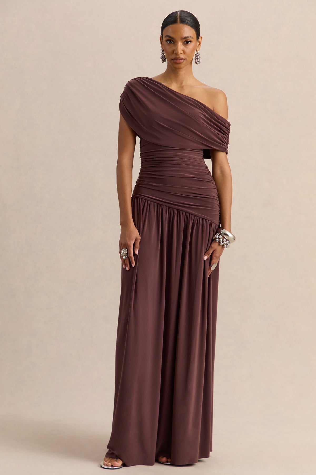 Emberly Brown Draped Asymmetric-Neck Maxi Dress With Drop-Waist  Club L  London - USA