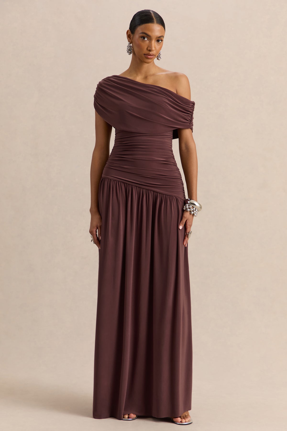 asymmetric draped neckline maxi dress Eros Asymmetric Cowl Neck Maxi Dress Leaf XS main image 1
