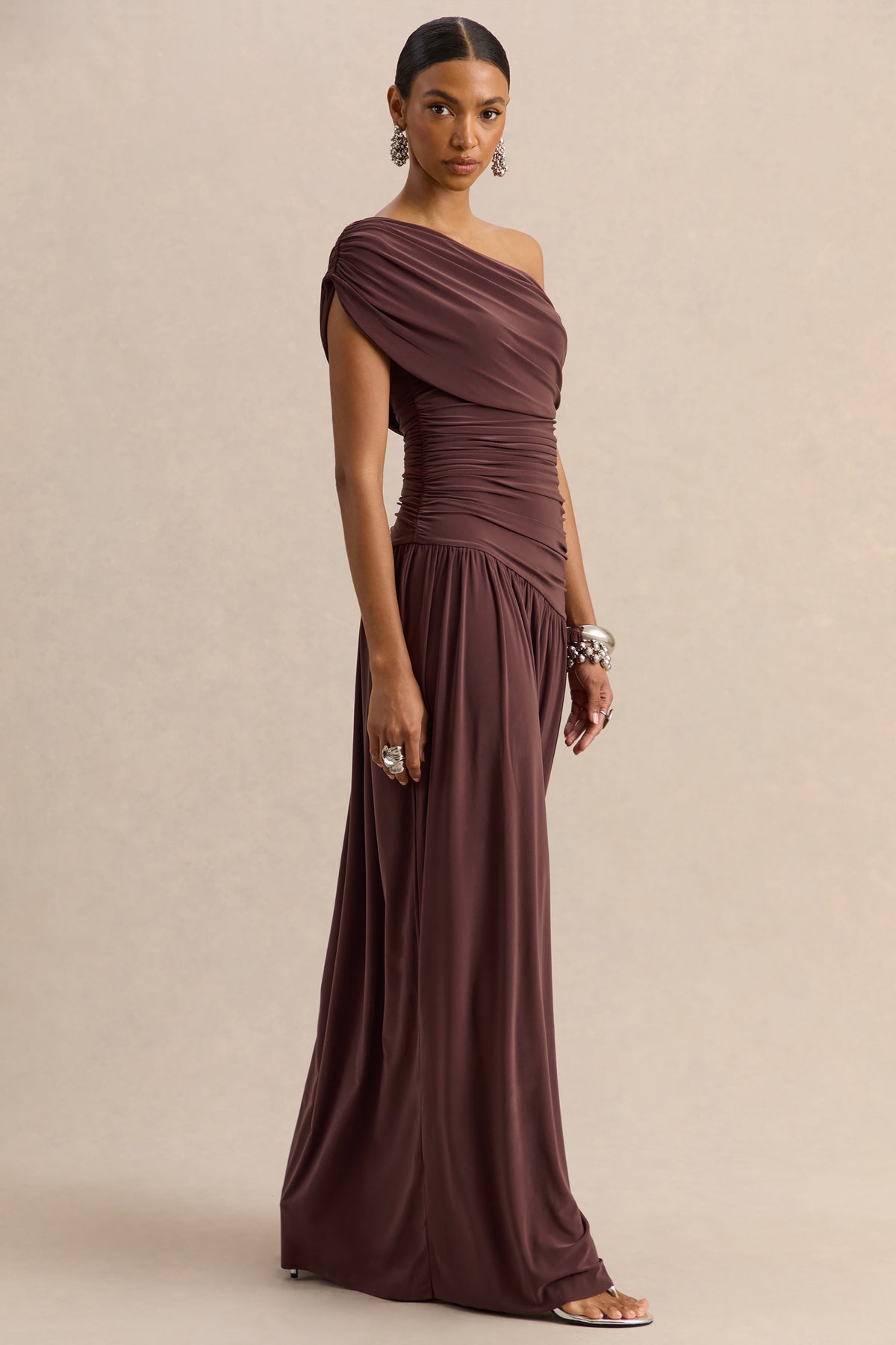 emberly maxi dress Emberly | Brown Draped Asymmetric-Neck Maxi Dress With Drop-Waist